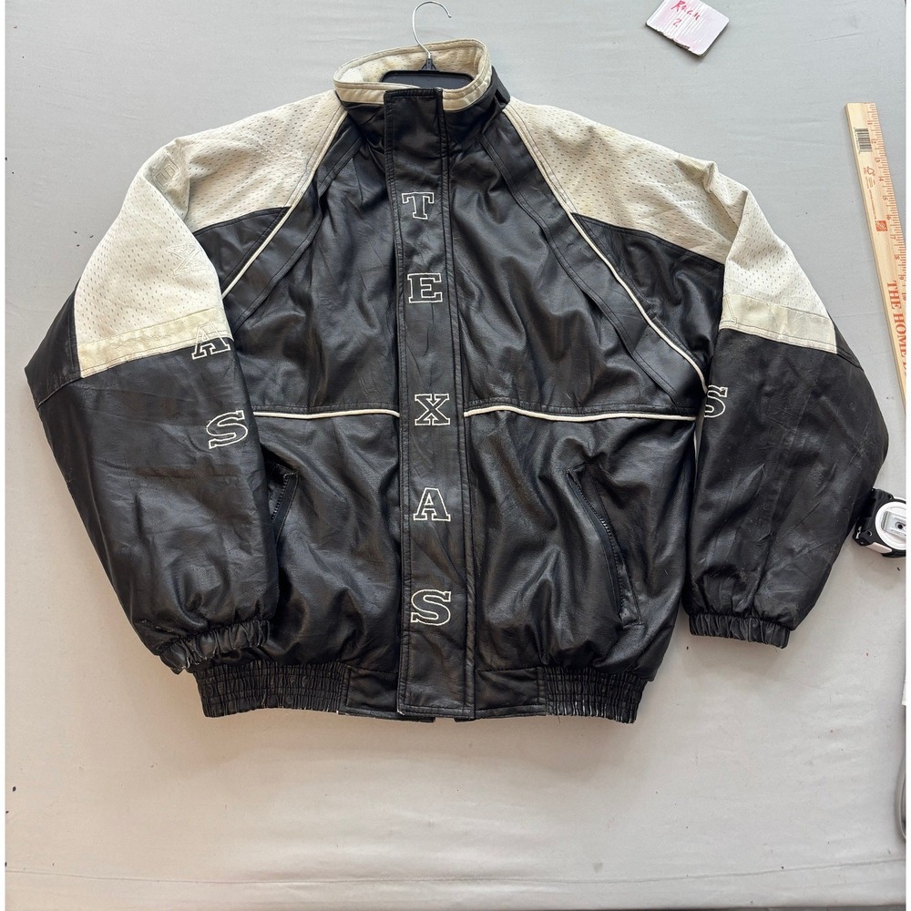 Check-In Texas Faux Leather Bomber Jacket Black Cream Mens Large Vintage Style